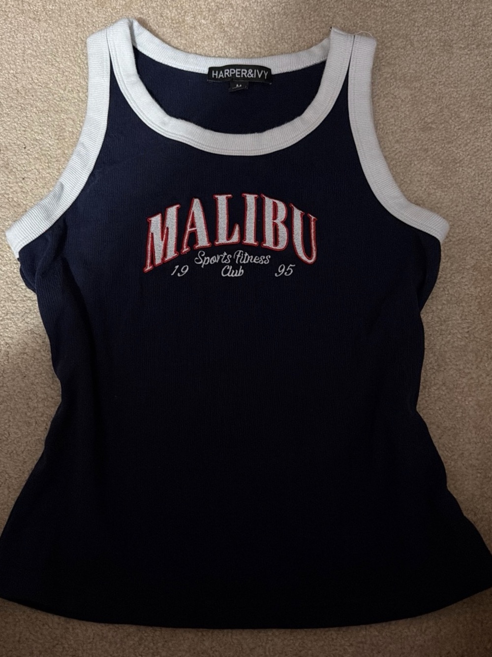 Harper Navy Tank with White Trim and Red Malibu Script